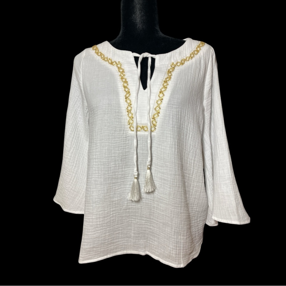 JM Collection White Gauze Cotton Boho Tunic Top Petite Small Tassel Neck Resort